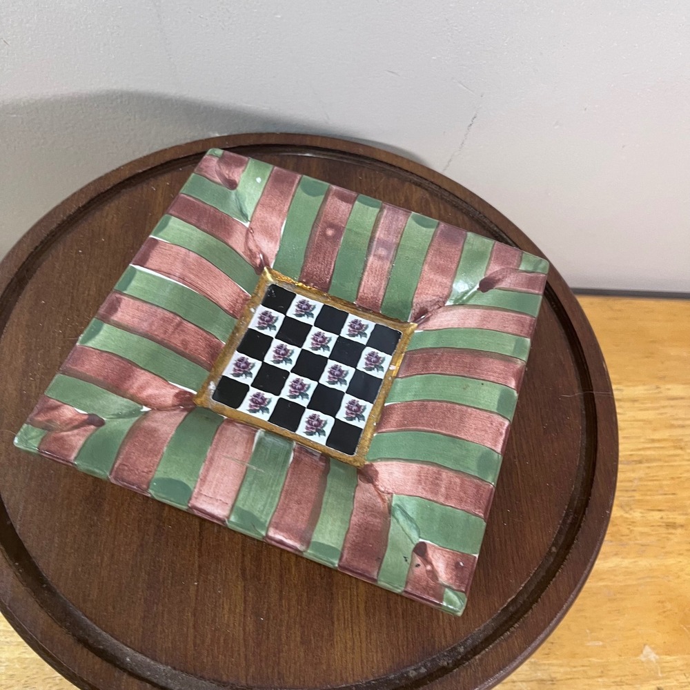 MacKenzie-Childs Trinket Dish Vtg 1997 Pink Green Striped Courtly Check 6.5"